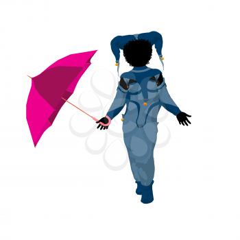 Royalty Free Clipart Image of a Little Jester With an Umbrella