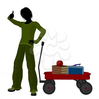 Royalty Free Clipart Image of a Boy With Schoolbooks and an Apple in a Wagon