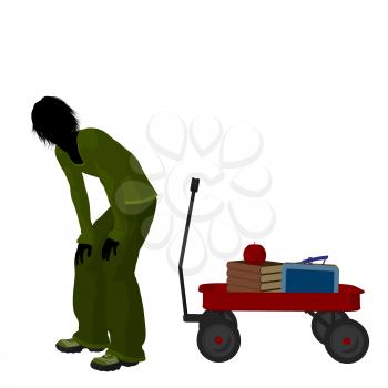 Royalty Free Clipart Image of a Boy With Schoolbooks and an Apple in a Wagon