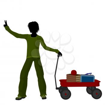 Royalty Free Clipart Image of a Boy With Schoolbooks and an Apple in a Wagon