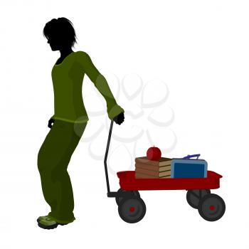 Royalty Free Clipart Image of a Boy With Schoolbooks and an Apple in a Wagon