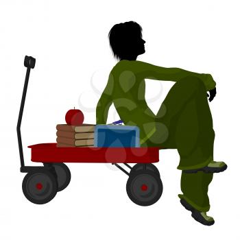 Royalty Free Clipart Image of a Boy With Schoolbooks and an Apple in a Wagon