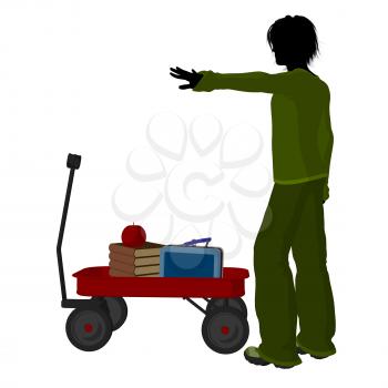 Royalty Free Clipart Image of a Boy With Schoolbooks and an Apple in a Wagon