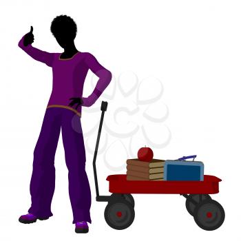 Royalty Free Clipart Image of a Boy With Schoolbooks in a Wagon