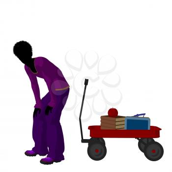 Royalty Free Clipart Image of a Boy With Schoolbooks in a Wagon