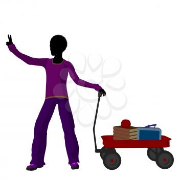 Royalty Free Clipart Image of a Boy With Schoolbooks in a Wagon