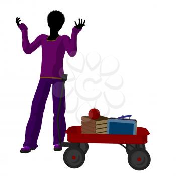 Royalty Free Clipart Image of a Boy With Schoolbooks in a Wagon