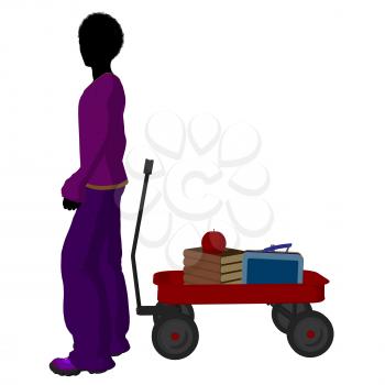 Royalty Free Clipart Image of a Boy With Schoolbooks in a Wagon