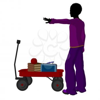 Royalty Free Clipart Image of a Boy With Schoolbooks in a Wagon