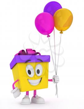 3D Illustration of a Gift Character Carrying Balloons