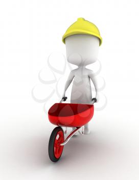 3D Illustration of a Man Moving a Wheelbarrow Around