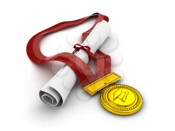 3D Illustration of a Diploma and Medal Huddled Together