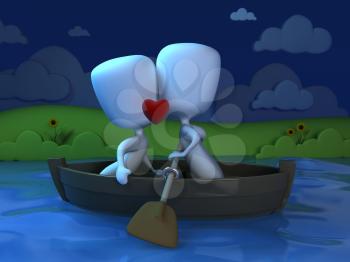 3D Illustration of a Couple Kissing on a Boat