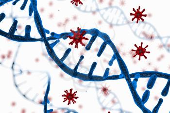 3D illustration of DNA and coronavirus disease infection COVID-2019 in microscope. Concept of virus integrates into the human cellular mechanism.