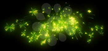 Celebration: green festive fireworks at night over black