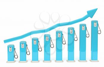 Rise in fuel cost: gasoline pumps chart with graph isolated on white