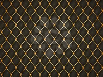 Black leather background with golden grid and buttons. Useful as luxury pattern