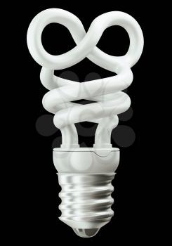 Endlessness or infinity symbol light bulb isolated over black bakcground