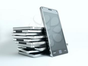 Gadgets: cellphones with touch screens over white. Custom rendered