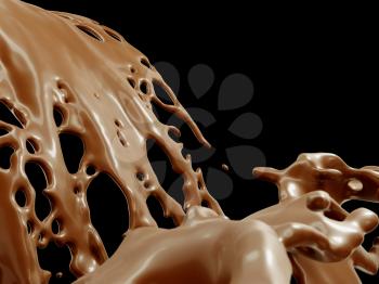 Hot chocolate flow or cocoa isolated over black background