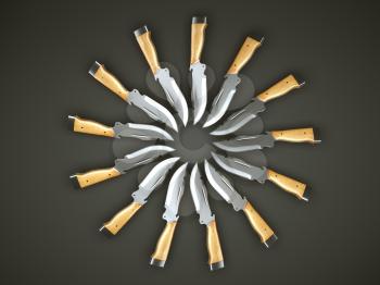 Set of hunting knives in the circle shape over grey