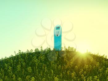 Charging station on meadow with USD shaped grass during sunrise