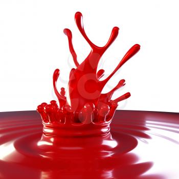 Splashes of red colorful liquid with droplets on white