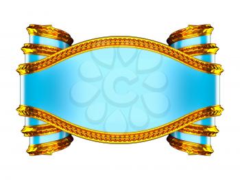 Massive blue emblem with golden edging and curles. Over white