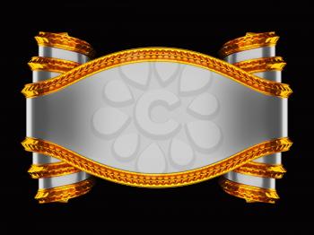 Massive grey blank heraldry symbol with golden edging and curles. Over black