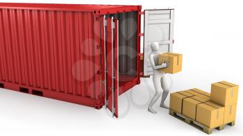 Royalty Free Clipart Image of a Worker Unloading a Freight Container