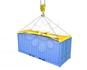 Freight container hoisted on container spreader, isolated on white background