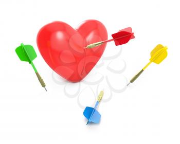 One dart hit the red heart, isolated on white background