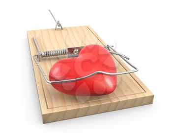 Heart caught in a mouse trap, isolated on white background