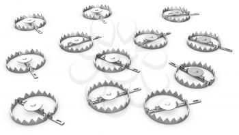 A lot of bear traps, isolated on white background