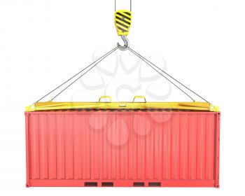 Freight container hoisted on container spreader, isolated on white background