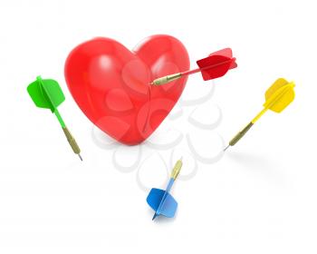 One dart hit the red heart, isolated on white background