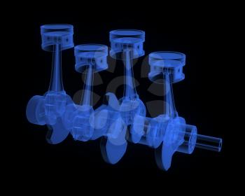 Engine pistons on a crankshaft, blue x-ray version on black background