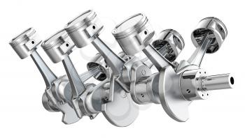 V8 engine pistons on a crankshaft, isolated on white background