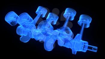 V8 engine pistons on a crankshaft, blue x-ray version on black background