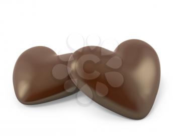 Pair of heart shaped chocolate candies isolated on white background