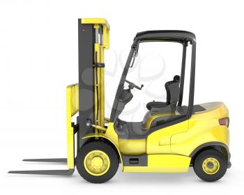 Yellow fork lift truck side view, isolated on white background