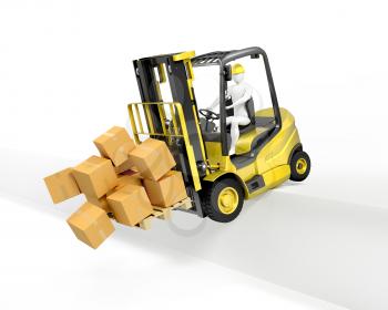 Fork lift truck falling from loading dock, isolated on white background