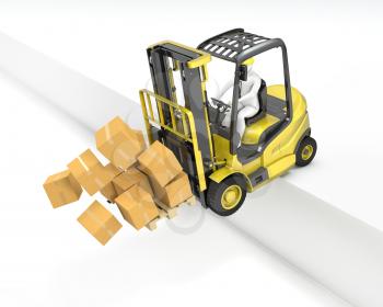 Fork lift truck falling from loading dock, isolated on white background