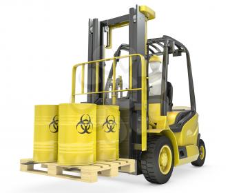 Fork lift truck with biohazard barrels, isolated on white background