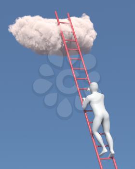 Abstract white man climbs to the cloud in the sky