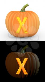 X letter carved on pumpkin jack lantern isolated on and white background