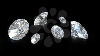 Few old european round cut diamonds, on black background