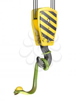 Green cobra hangs on crane hook, isolated on white background