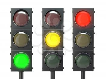 Set of traffic lights with red, yellow and green lights isolated on white background