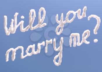 Will you marry me text in sky, isolated on blue
